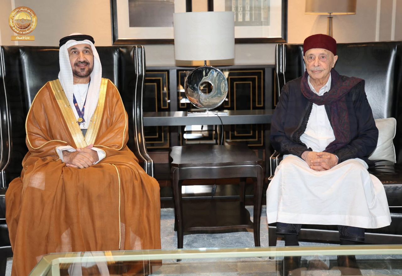 المستشار عقيلة صالح يؤكد أهمية تعزيز العمل العربي المشترك خلال لقائه رئيس البرلمان العربي.